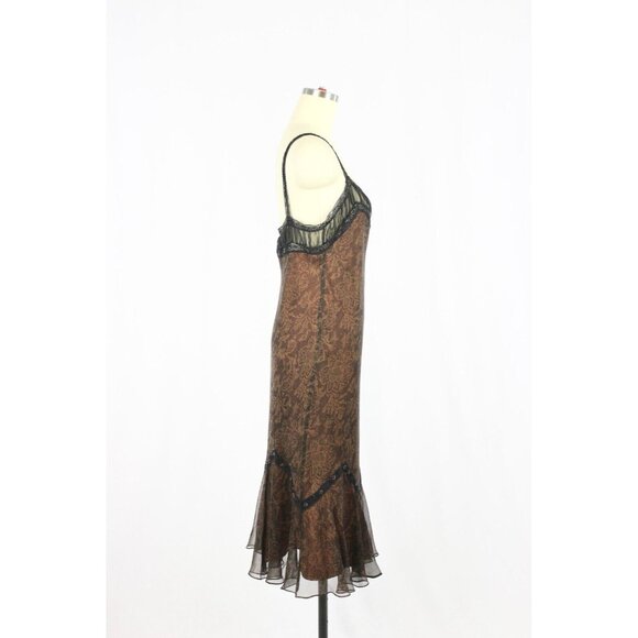 Vintage LAUNDRY BY SHELLI SEGAL Brown Lace Print Silk Beaded Slip Dress, Size 10 - Picture 2 of 12